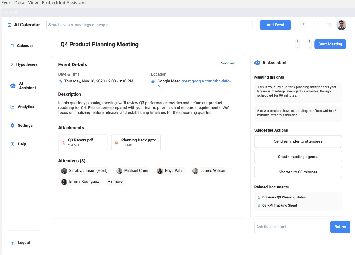 Embedded Assistant design concept integrated within the event view