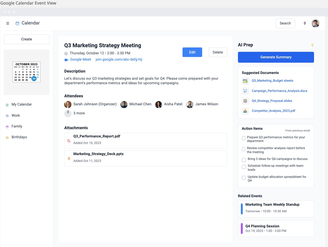 Event View design showing the AI meeting preparation assistant integrated into Google Calendar