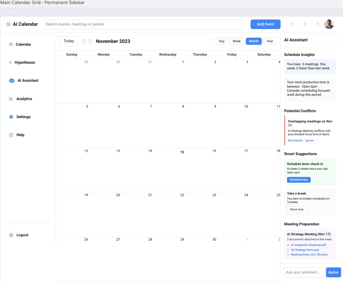 Permanent Sidebar design concept for meeting preparation assistant