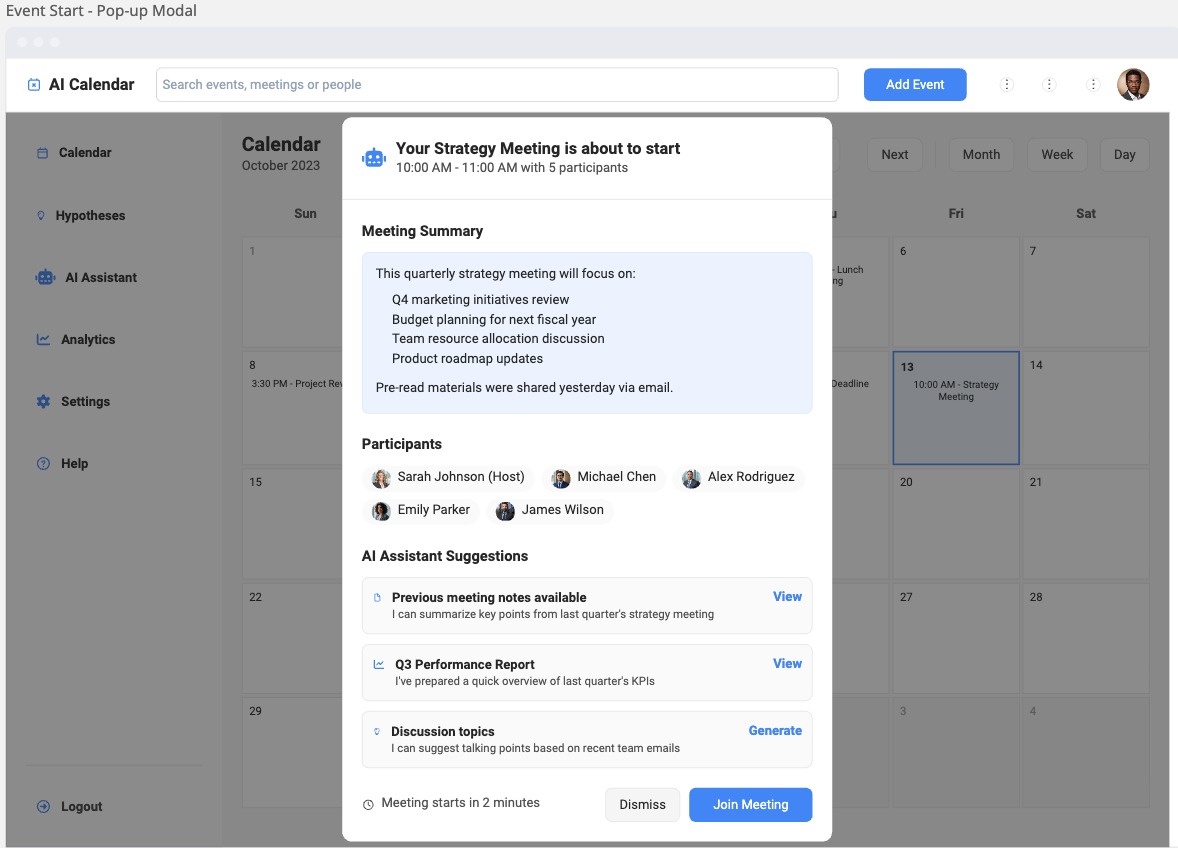 Pop-up Modal design concept for meeting preparation assistant