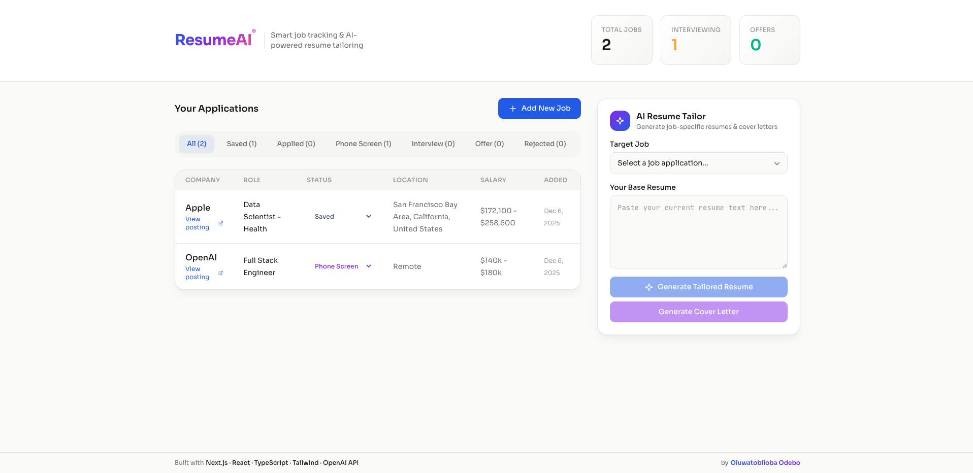 ResumeAI (AI Resume Tailor & Job Tracker)
